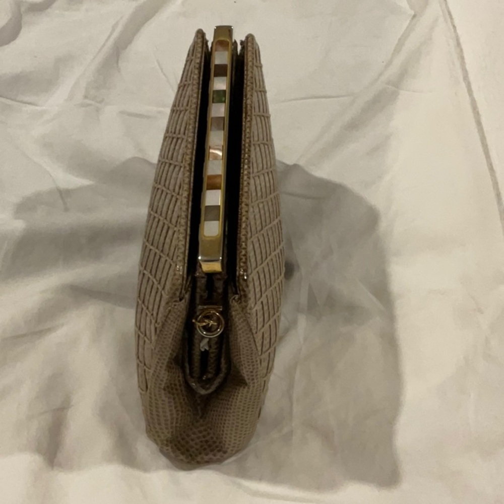 JUDITH LEIBER LIZARD CLUTCH WITH GOLD TONE CHAIN AND MOTHER OF PEARL (FI…